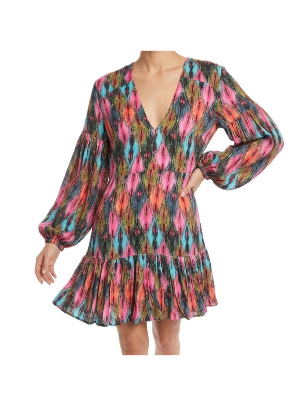 Rotate Birger Christensen Harlequin Pink Blue Bishop Sleeve Mini Dress Size 8